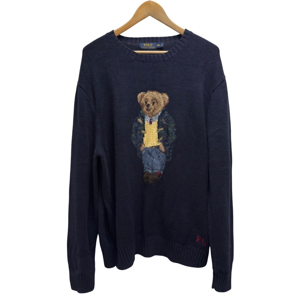 Polo Ralph Lauren XXL Navy Cashmere Wool Linen Cotton Duffle Coat Bear Sweater